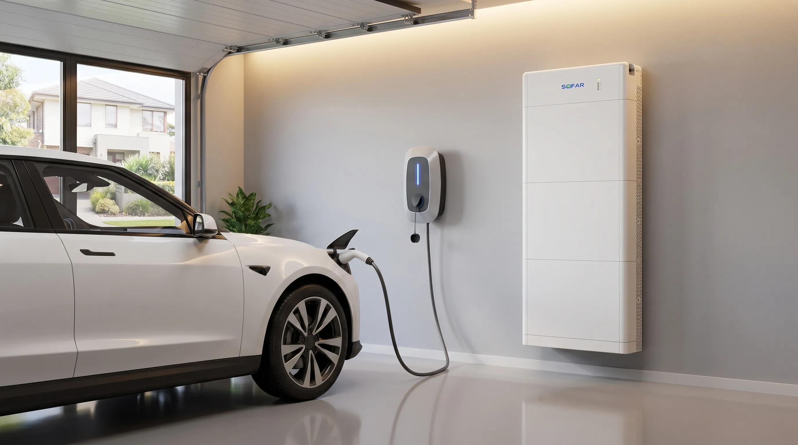 A white electric vehicle plugged in and charging in a modern Australian residential garage, with a wall-mounted EV charger and home battery unit.