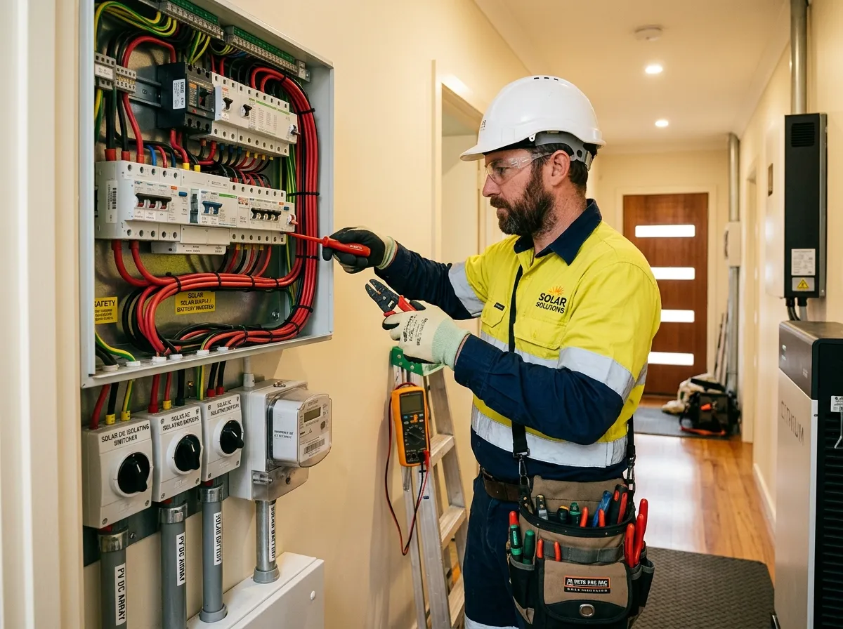 Electrician working at a residential switchboard during a solar and battery installation.
