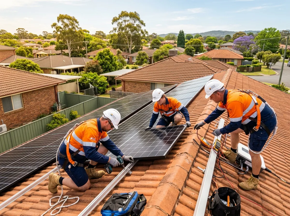 Solar installation crew of three workers on a residential Australian rooftop in warm afternoon light.