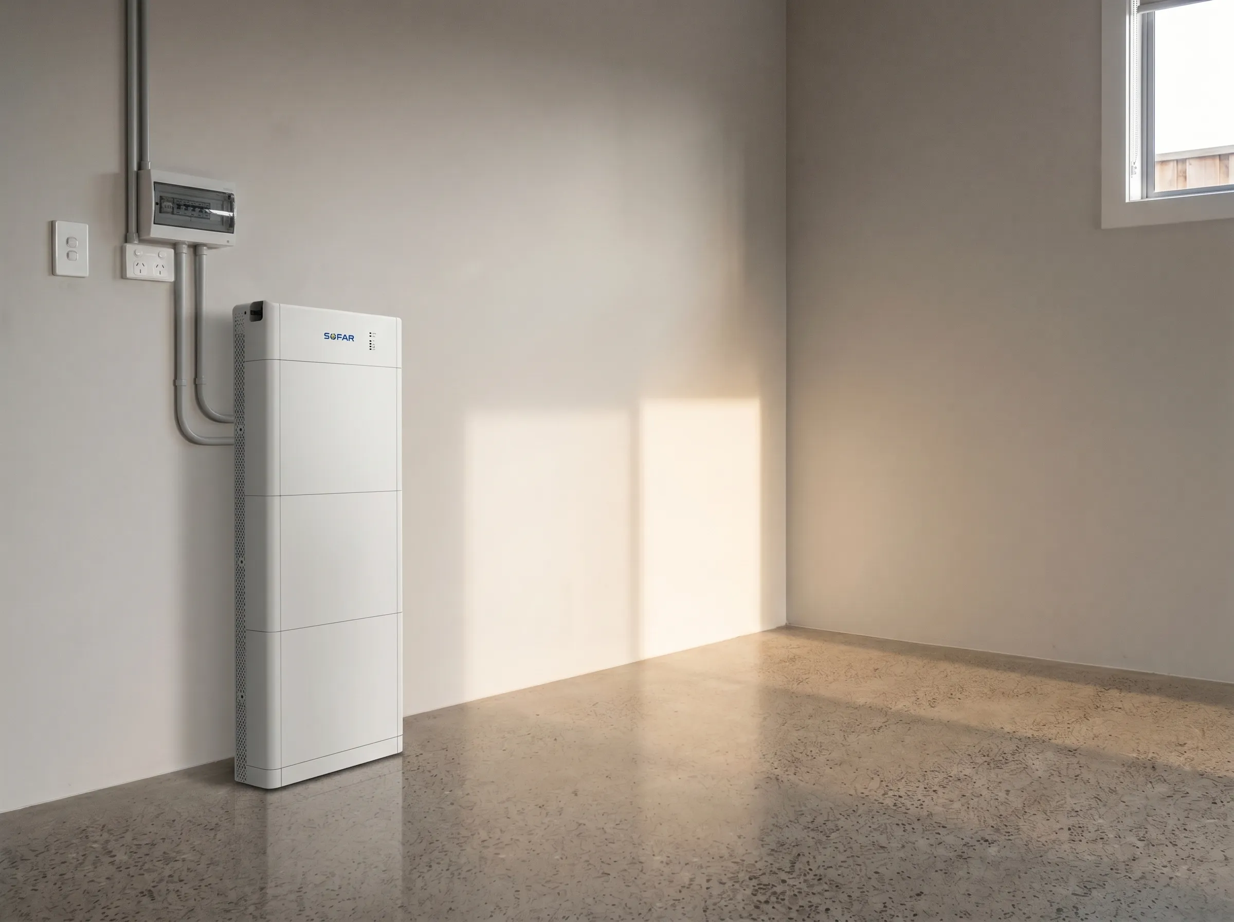 The same garage corner with the SoFar 20 kWh floor-standing modular battery installed against the wall.