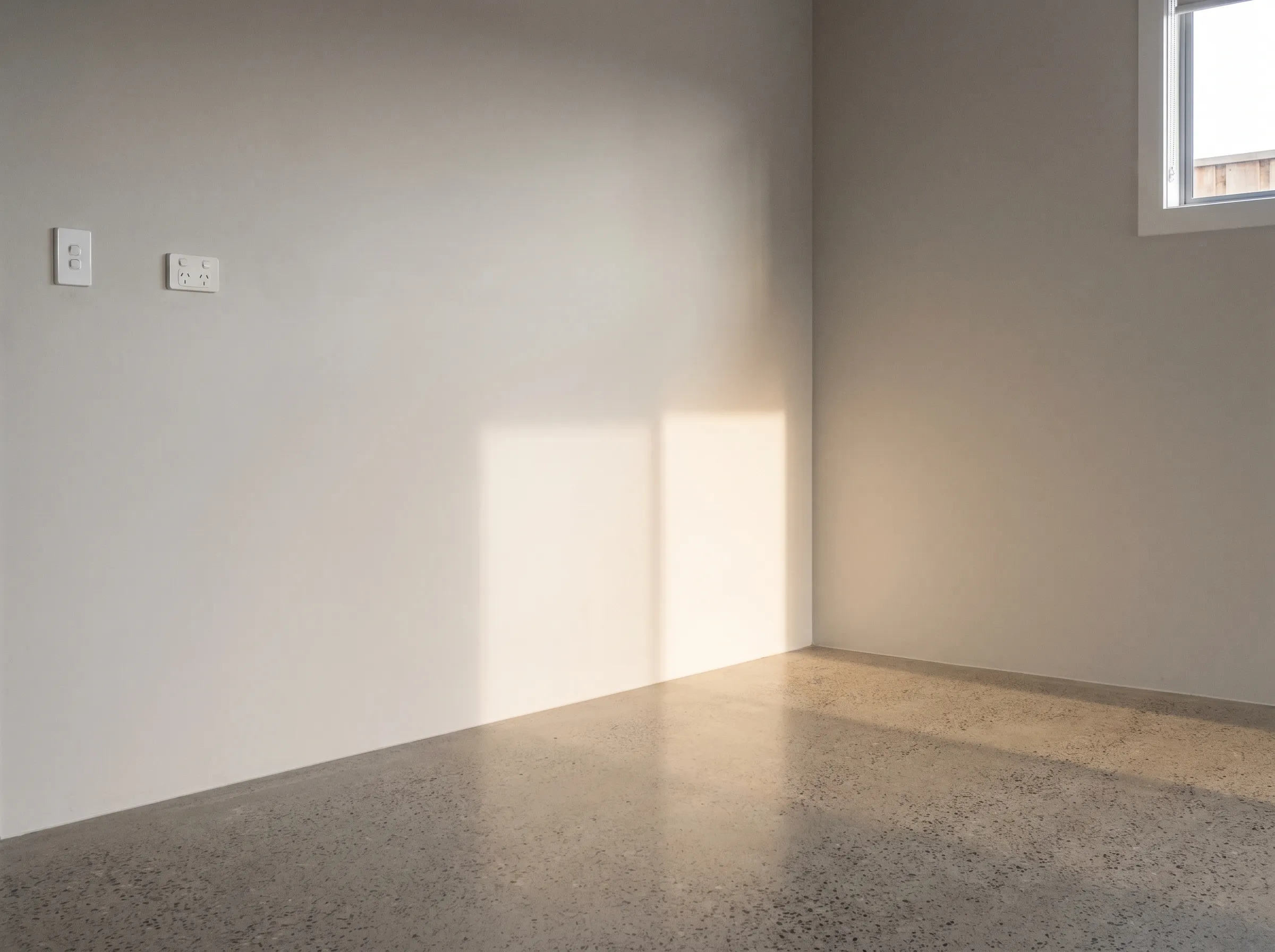 An empty Australian garage corner before the battery install, bare wall and power points.