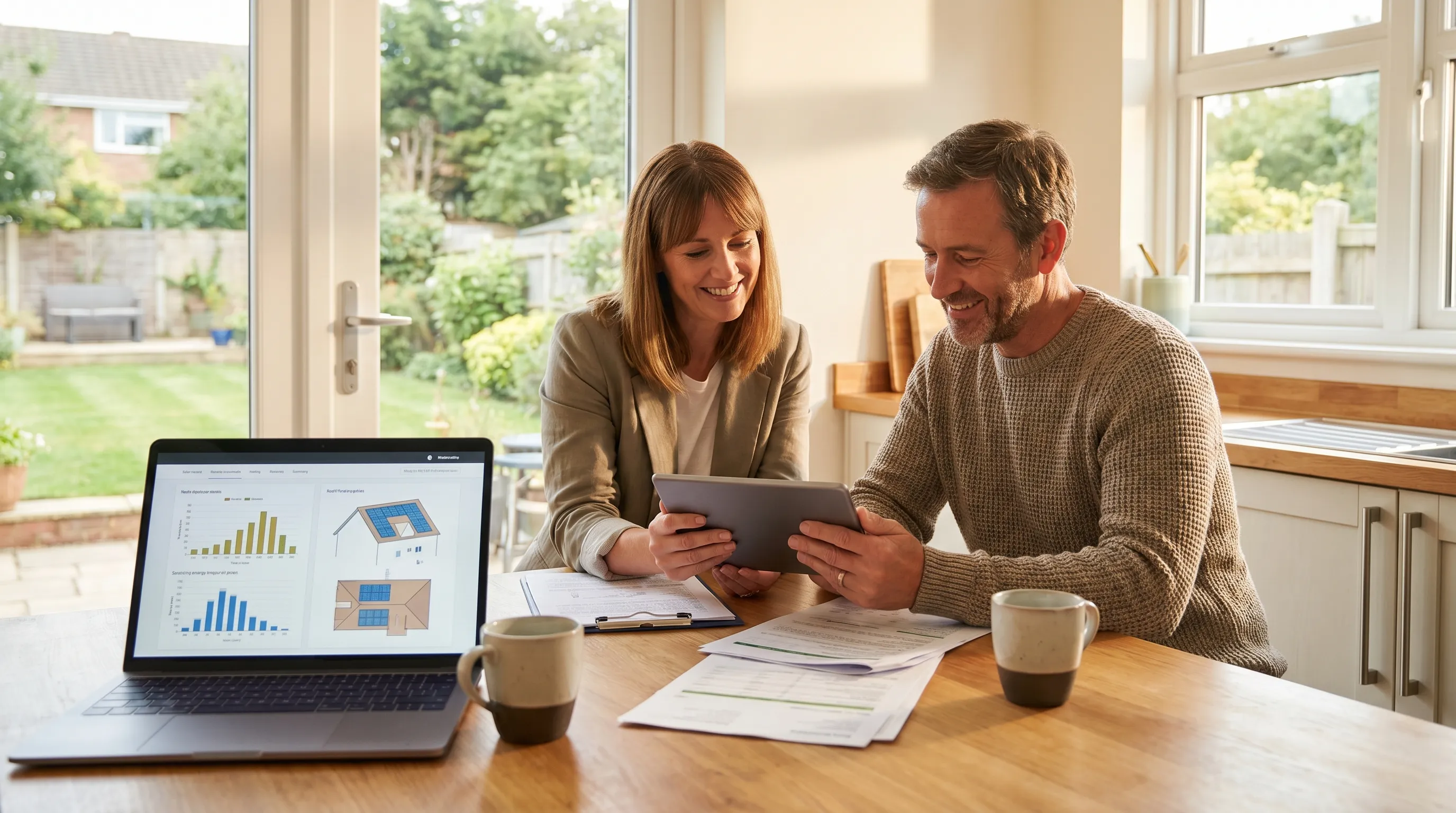 A solar consultant reviewing an existing solar system and battery options with a homeowner at a kitchen table.
